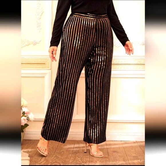 Elegant Black and Gold Striped Women's Pants - Picture 1 of 5